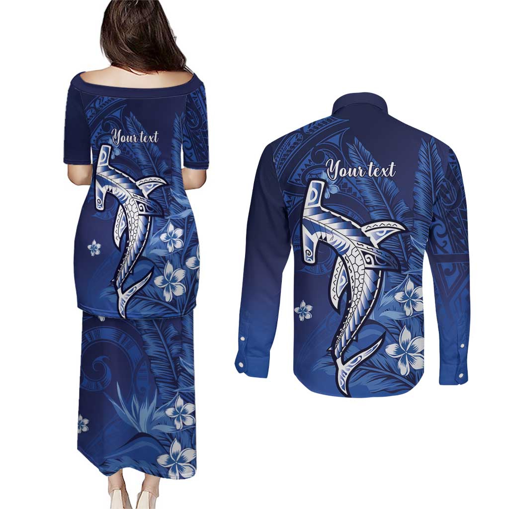 Personalized Hawaiian Maori Hammerhead Shark Couples Matching Puletasi and Long Sleeve Button Shirt Polu Plumeria - Polynesian Pride