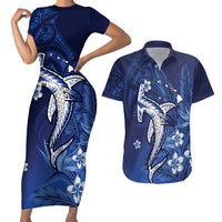 Personalized Hawaiian Maori Hammerhead Shark Couples Matching Short Sleeve Bodycon Dress and Hawaiian Shirt Polu Plumeria - Polynesian Pride