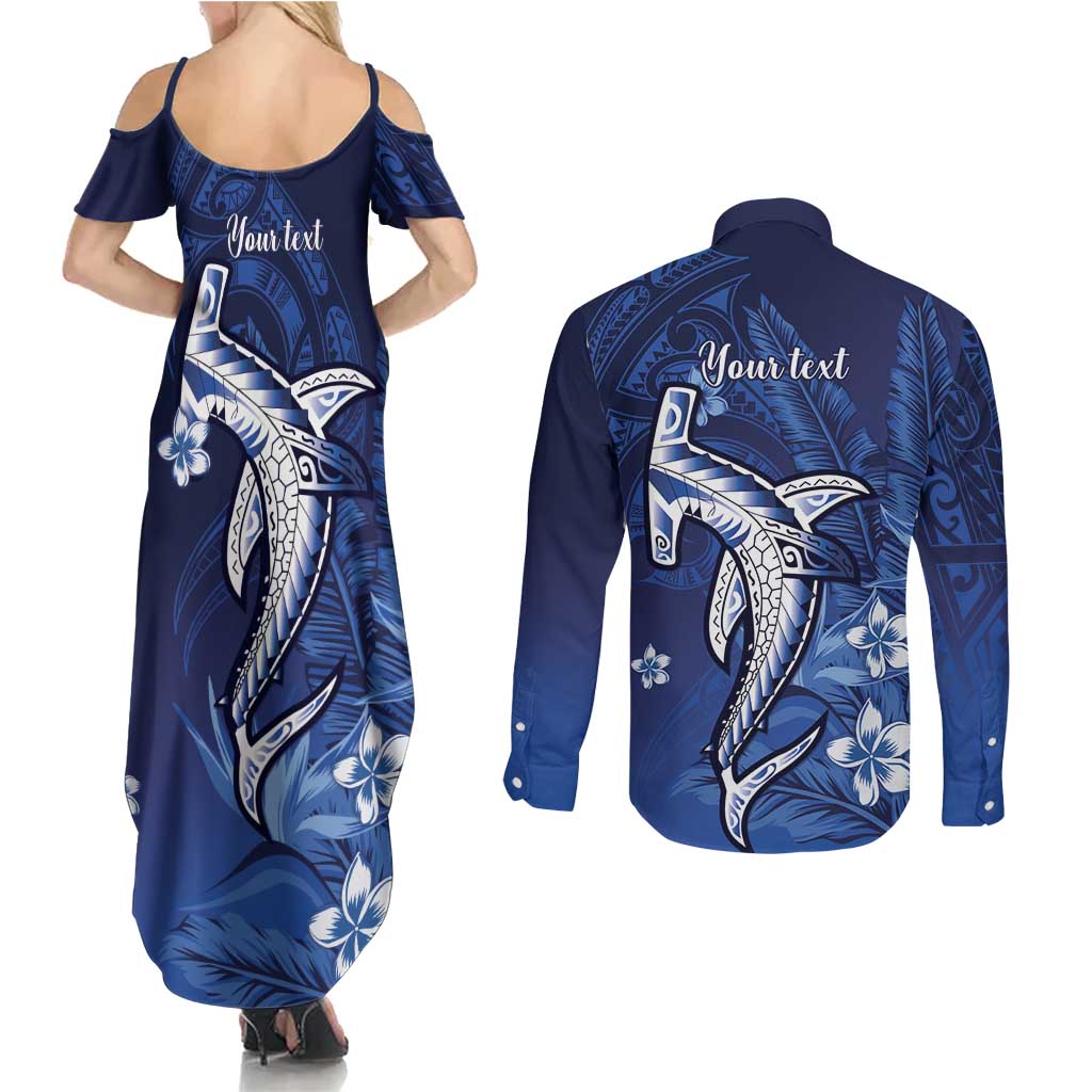 Personalized Hawaiian Maori Hammerhead Shark Couples Matching Summer Maxi Dress and Long Sleeve Button Shirt Polu Plumeria LT9 - Polynesian Pride