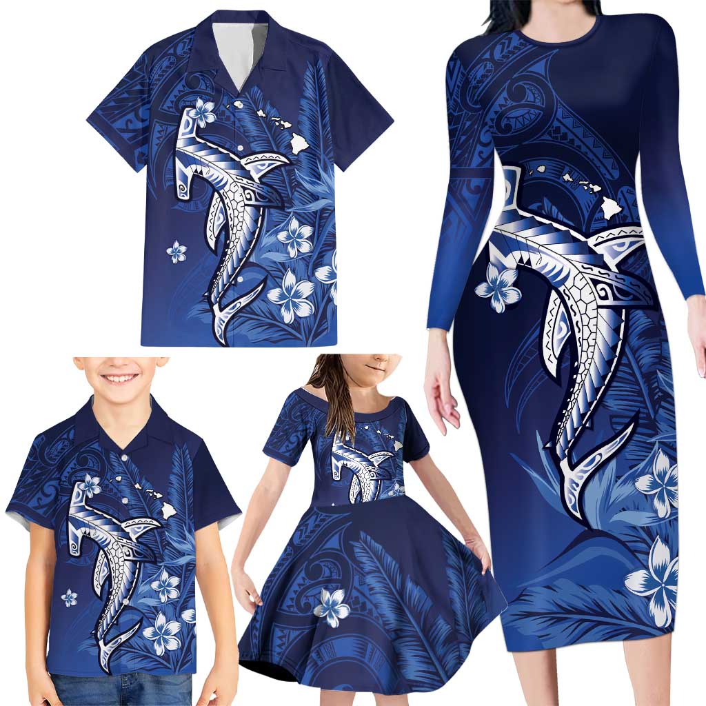 Personalized Hawaiian Maori Hammerhead Shark Family Matching Long Sleeve Bodycon Dress and Hawaiian Shirt Polu Plumeria