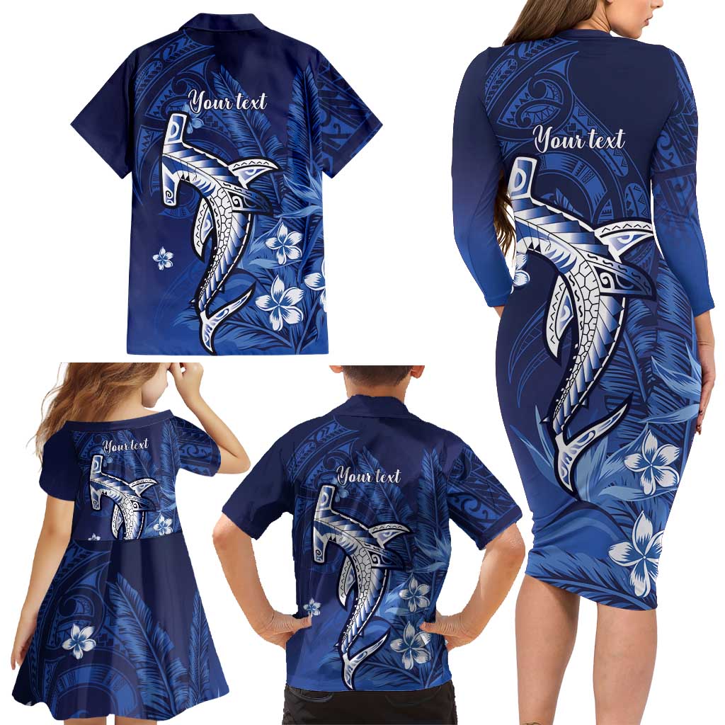 Personalized Hawaiian Maori Hammerhead Shark Family Matching Long Sleeve Bodycon Dress and Hawaiian Shirt Polu Plumeria