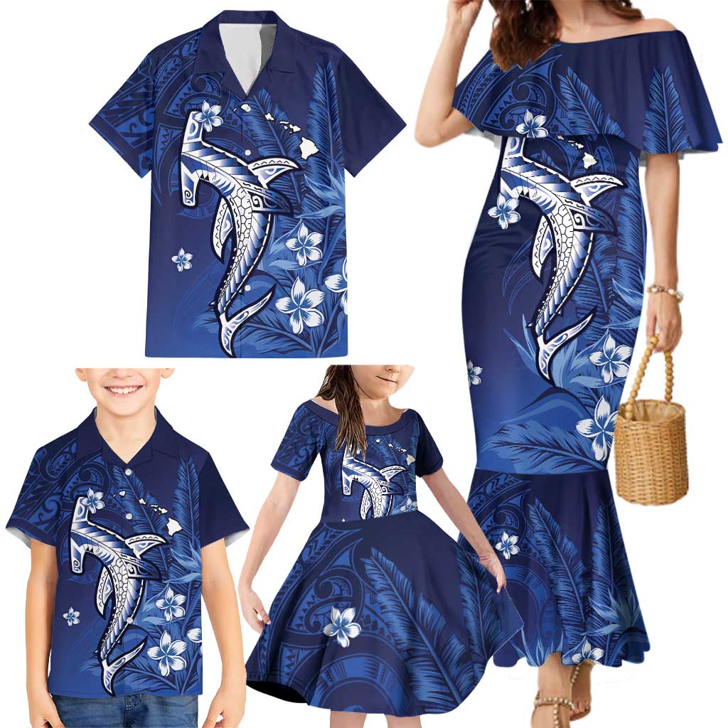 Personalized Hawaiian Maori Hammerhead Shark Family Matching Mermaid Dress and Hawaiian Shirt Polu Plumeria