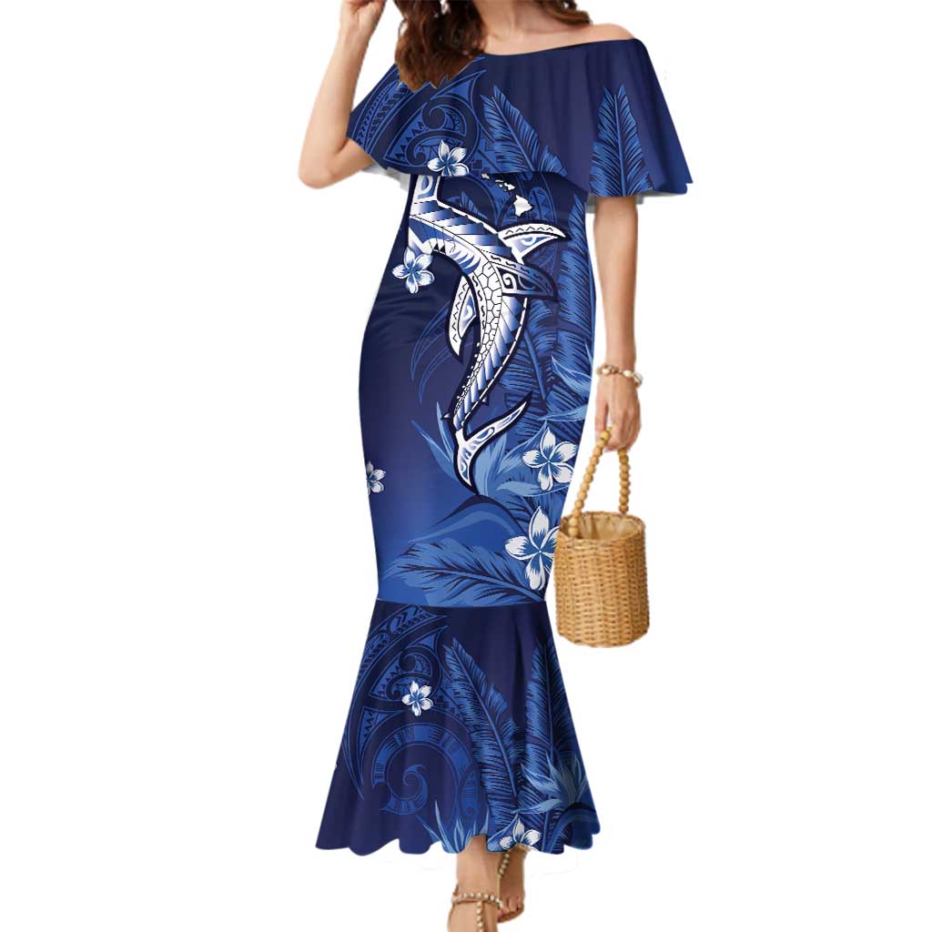 Personalized Hawaiian Maori Hammerhead Shark Family Matching Mermaid Dress and Hawaiian Shirt Polu Plumeria