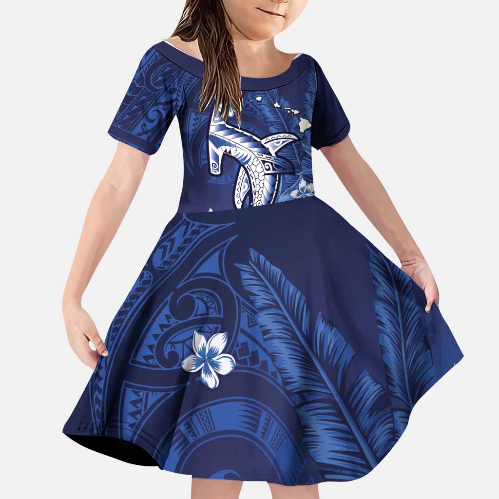 Personalized Hawaiian Maori Hammerhead Shark Family Matching Off The Shoulder Long Sleeve Dress and Hawaiian Shirt Polu Plumeria