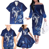 Personalized Hawaiian Maori Hammerhead Shark Family Matching Off The Shoulder Long Sleeve Dress and Hawaiian Shirt Polu Plumeria