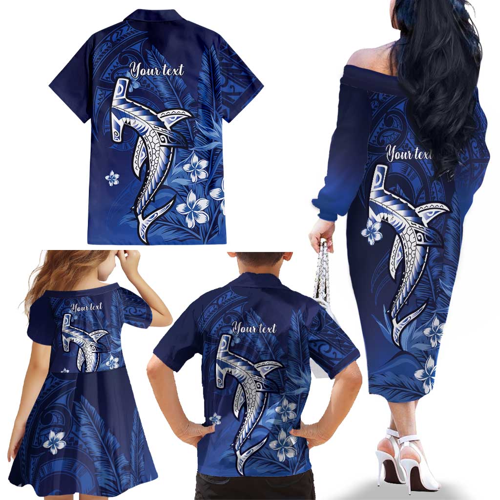 Personalized Hawaiian Maori Hammerhead Shark Family Matching Off The Shoulder Long Sleeve Dress and Hawaiian Shirt Polu Plumeria