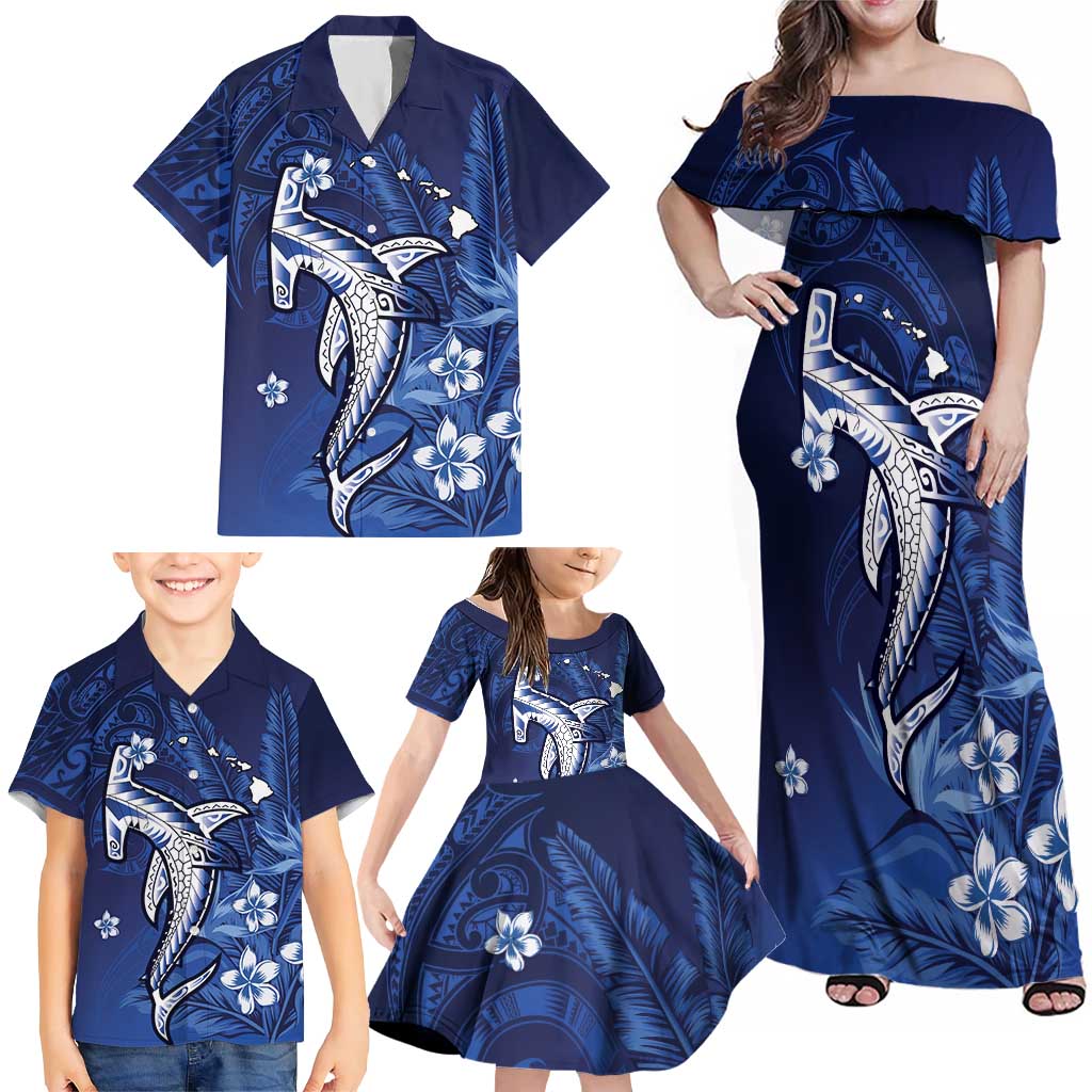 Personalized Hawaiian Maori Hammerhead Shark Family Matching Off Shoulder Maxi Dress and Hawaiian Shirt Polu Plumeria