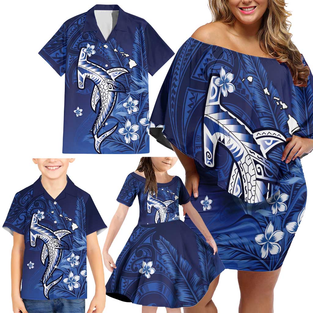 Personalized Hawaiian Maori Hammerhead Shark Family Matching Off Shoulder Short Dress and Hawaiian Shirt Polu Plumeria