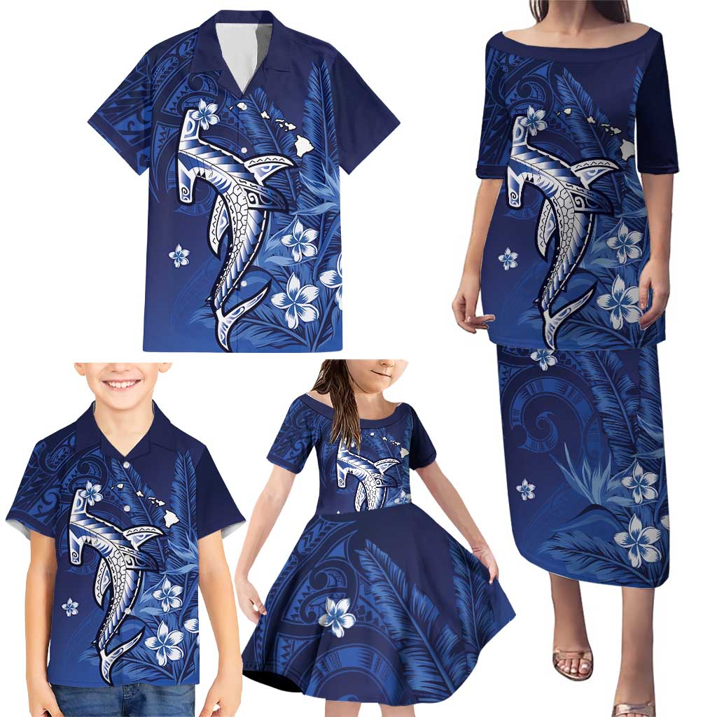 Personalized Hawaiian Maori Hammerhead Shark Family Matching Puletasi and Hawaiian Shirt Polu Plumeria