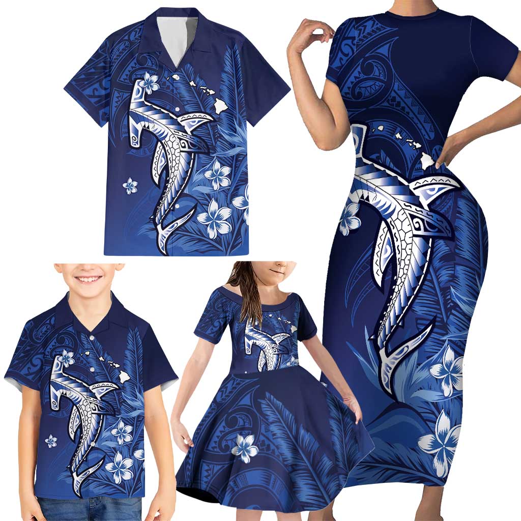 Personalized Hawaiian Maori Hammerhead Shark Family Matching Short Sleeve Bodycon Dress and Hawaiian Shirt Polu Plumeria