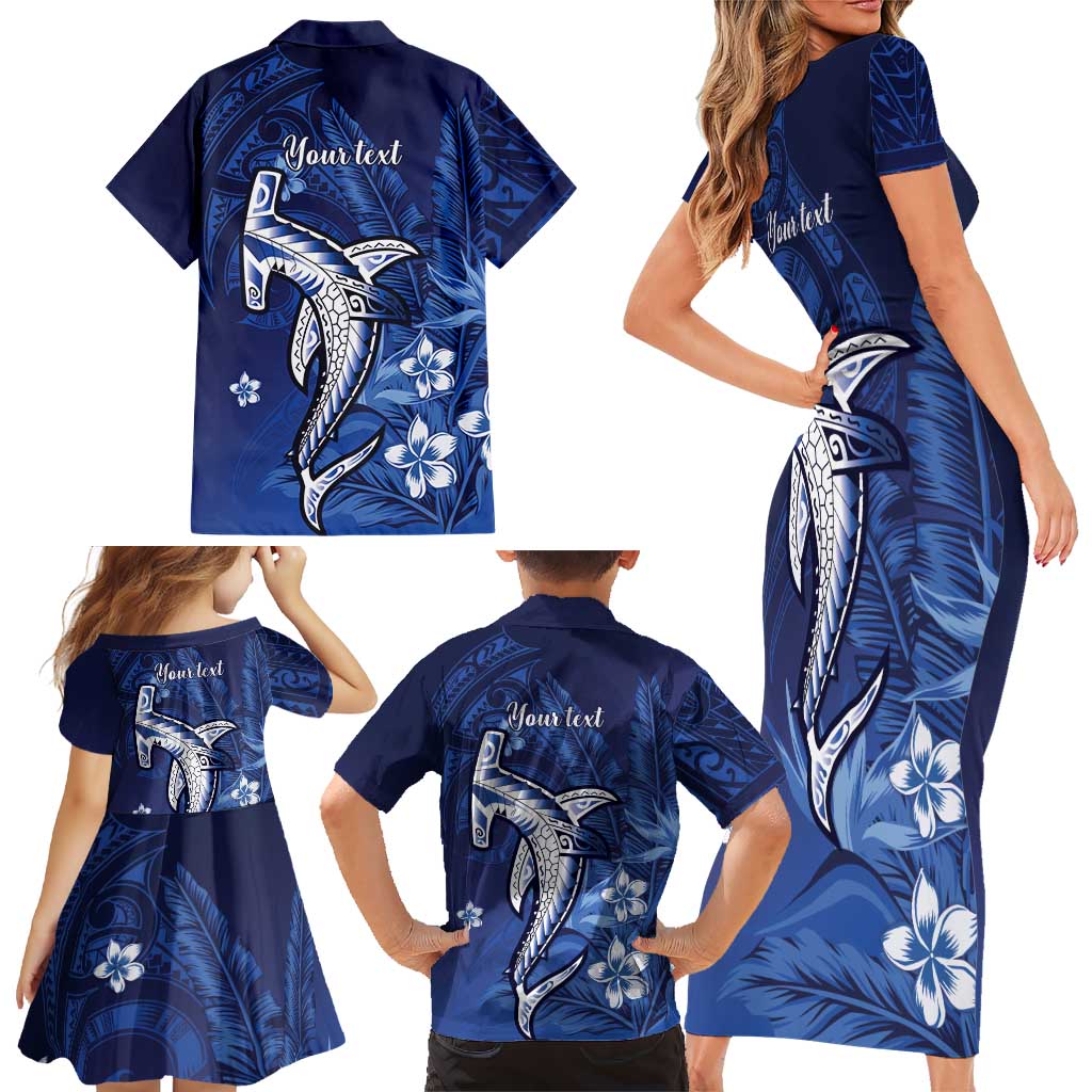 Personalized Hawaiian Maori Hammerhead Shark Family Matching Short Sleeve Bodycon Dress and Hawaiian Shirt Polu Plumeria