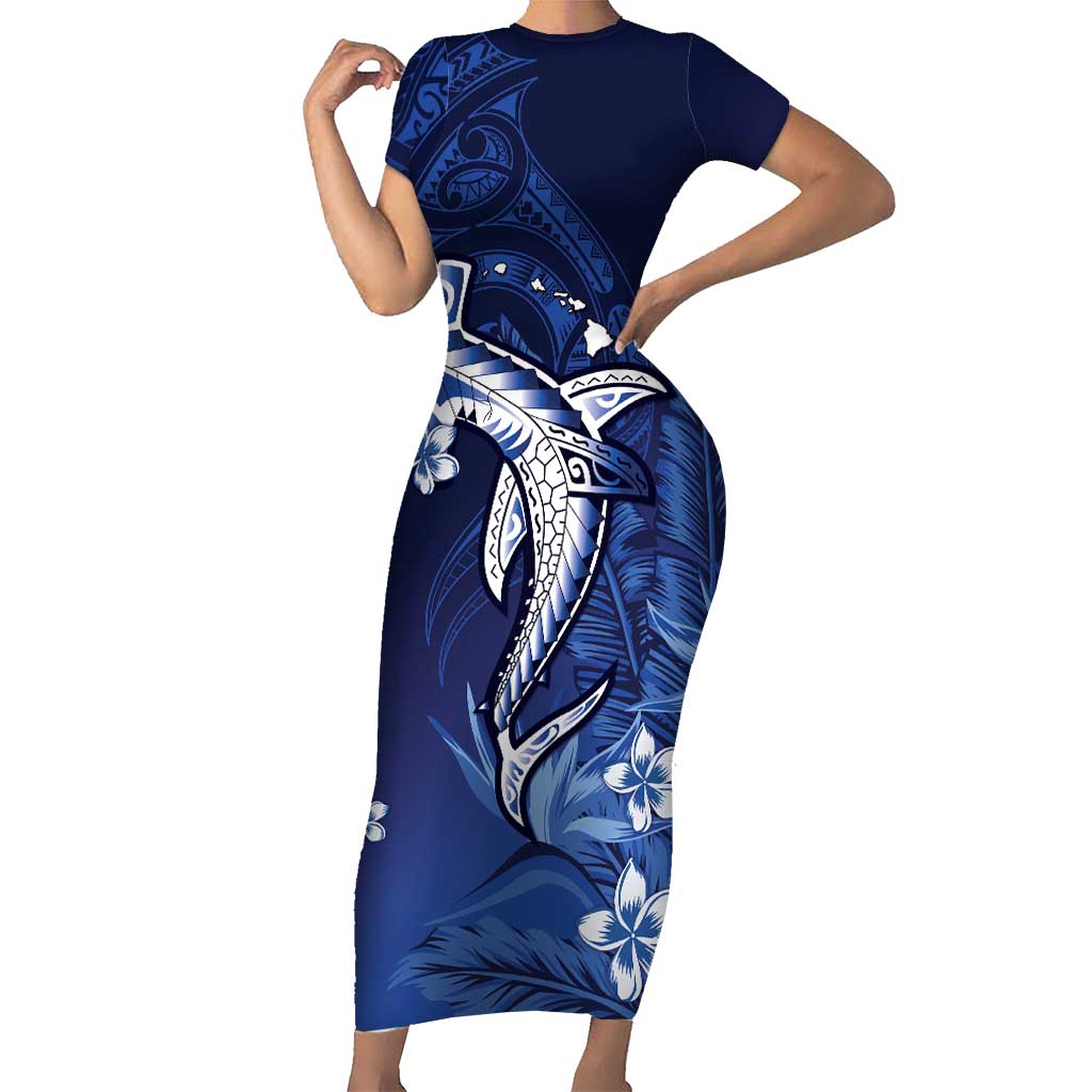 Personalized Hawaiian Maori Hammerhead Shark Family Matching Short Sleeve Bodycon Dress and Hawaiian Shirt Polu Plumeria
