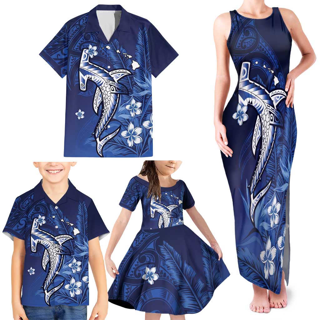 Personalized Hawaiian Maori Hammerhead Shark Family Matching Tank Maxi Dress and Hawaiian Shirt Polu Plumeria