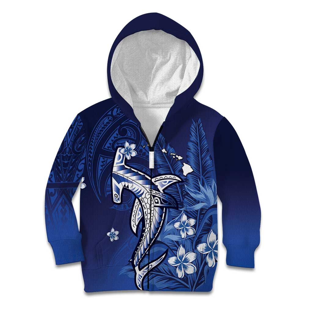 Personalized Hawaiian Maori Hammerhead Shark Kid Hoodie Polu Plumeria LT9 Zip Hoodie Blue - Polynesian Pride