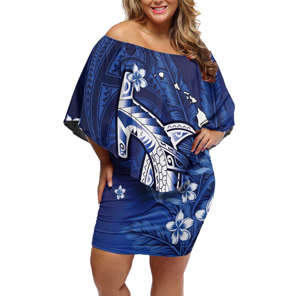 Personalized Hawaiian Maori Hammerhead Shark Off Shoulder Short Dress Polu Plumeria LT9 Women Blue - Polynesian Pride