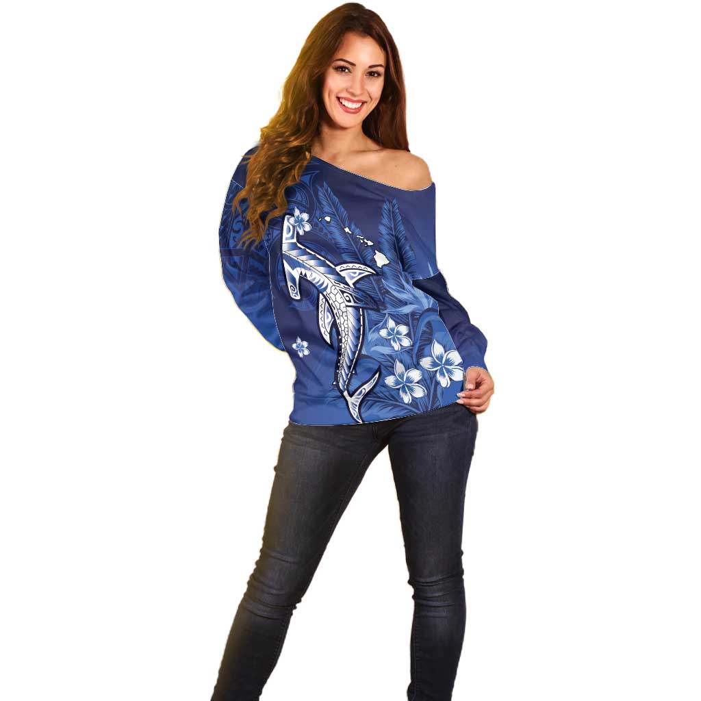 Personalized Hawaiian Maori Hammerhead Shark Off Shoulder Sweater Polu Plumeria - Polynesian Pride