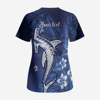 Personalized Hawaiian Maori Hammerhead Shark Scrub Top Polu Plumeria - Polynesian Pride