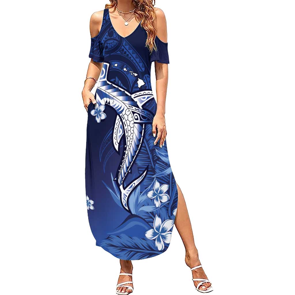 Personalized Hawaiian Maori Hammerhead Shark Summer Maxi Dress Polu Plumeria LT9 Women Blue - Polynesian Pride