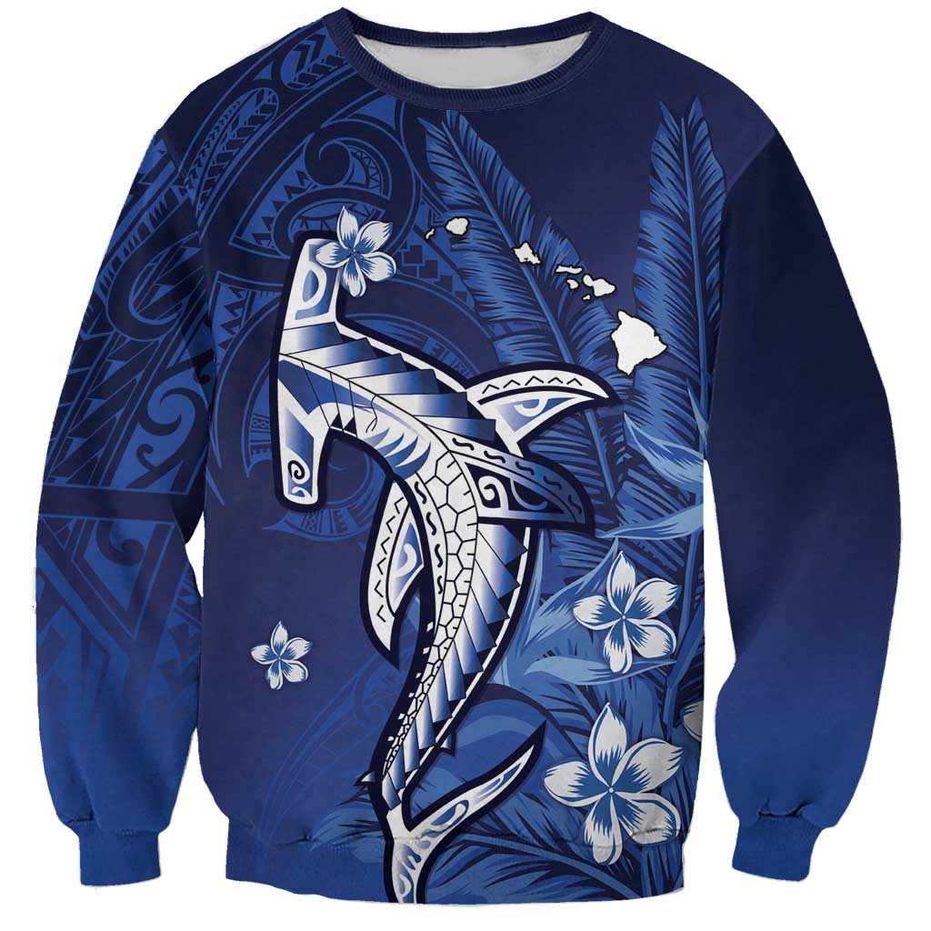 Personalized Hawaiian Maori Hammerhead Shark Sweatshirt Polu Plumeria LT9 Unisex Blue - Polynesian Pride