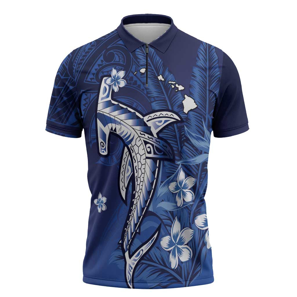 Personalized Hawaiian Maori Hammerhead Shark Zipper Polo Shirt Polu Plumeria - Polynesian Pride