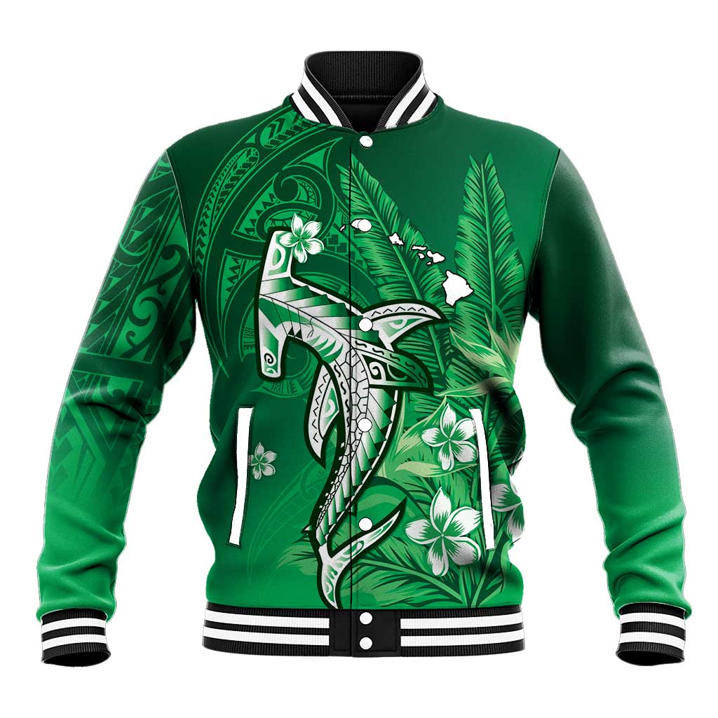 Personalized Hawaiian Maori Hammerhead Shark Baseball Jacket Omaomao Plumeria - Polynesian Pride