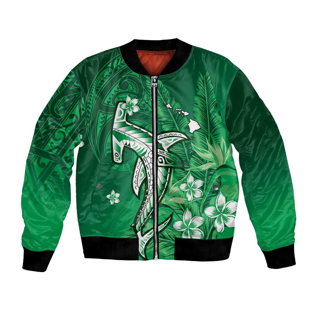 Personalized Hawaiian Maori Hammerhead Shark Bomber Jacket Omaomao Plumeria - Polynesian Pride