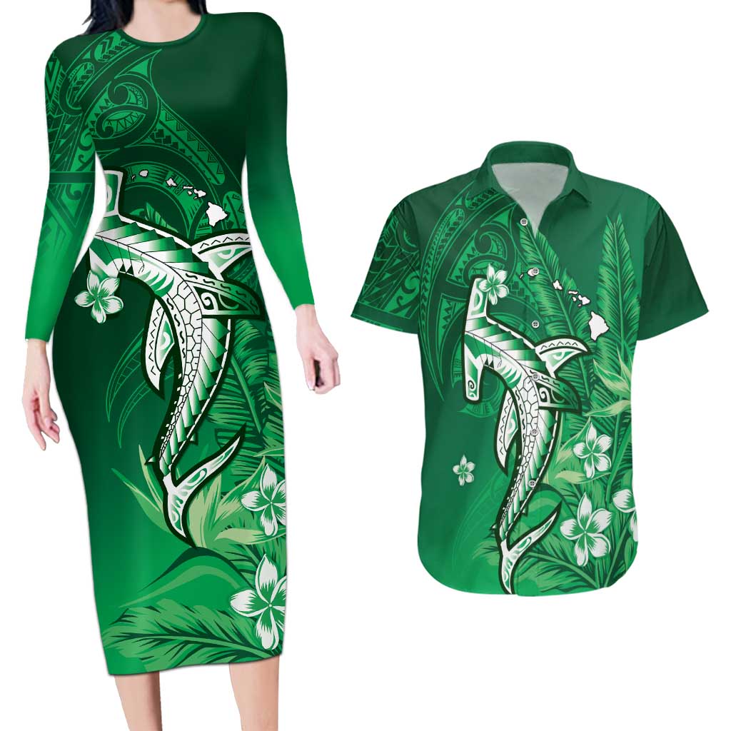 Personalized Hawaiian Maori Hammerhead Shark Couples Matching Long Sleeve Bodycon Dress and Hawaiian Shirt Omaomao Plumeria - Polynesian Pride