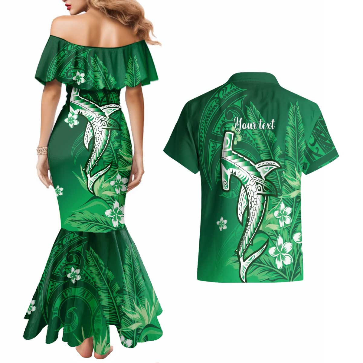 Personalized Hawaiian Maori Hammerhead Shark Couples Matching Mermaid Dress and Hawaiian Shirt Omaomao Plumeria - Polynesian Pride