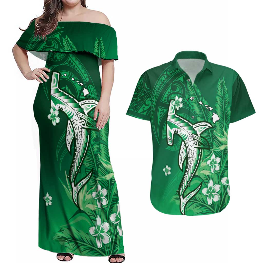 Personalized Hawaiian Maori Hammerhead Shark Couples Matching Off Shoulder Maxi Dress and Hawaiian Shirt Omaomao Plumeria - Polynesian Pride