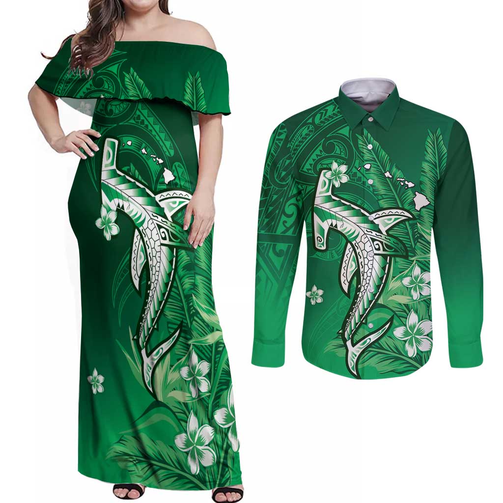 Personalized Hawaiian Maori Hammerhead Shark Couples Matching Off Shoulder Maxi Dress and Long Sleeve Button Shirt Omaomao Plumeria - Polynesian Pride