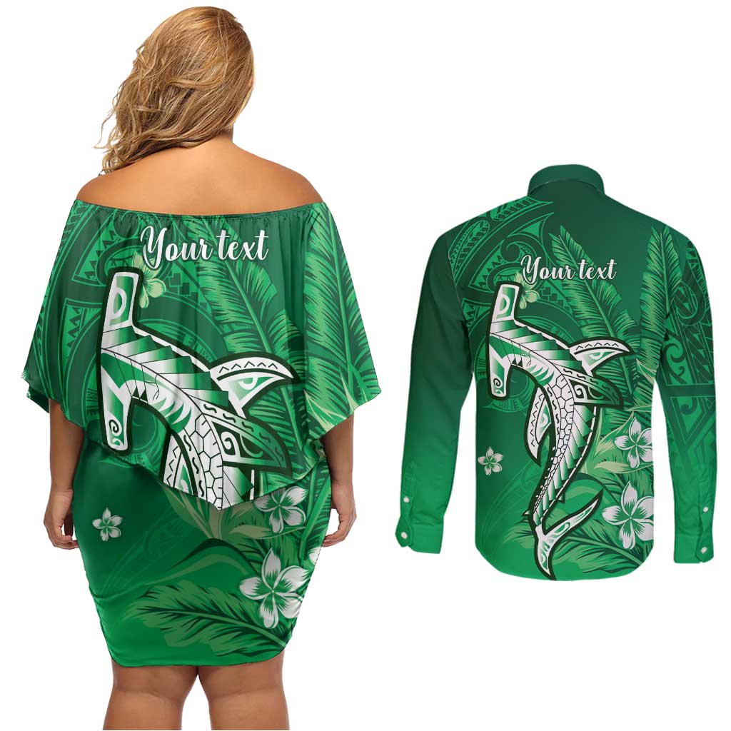Personalized Hawaiian Maori Hammerhead Shark Couples Matching Off Shoulder Short Dress and Long Sleeve Button Shirt Omaomao Plumeria - Polynesian Pride