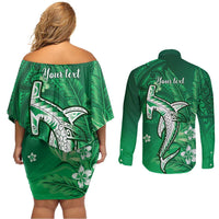 Personalized Hawaiian Maori Hammerhead Shark Couples Matching Off Shoulder Short Dress and Long Sleeve Button Shirt Omaomao Plumeria - Polynesian Pride