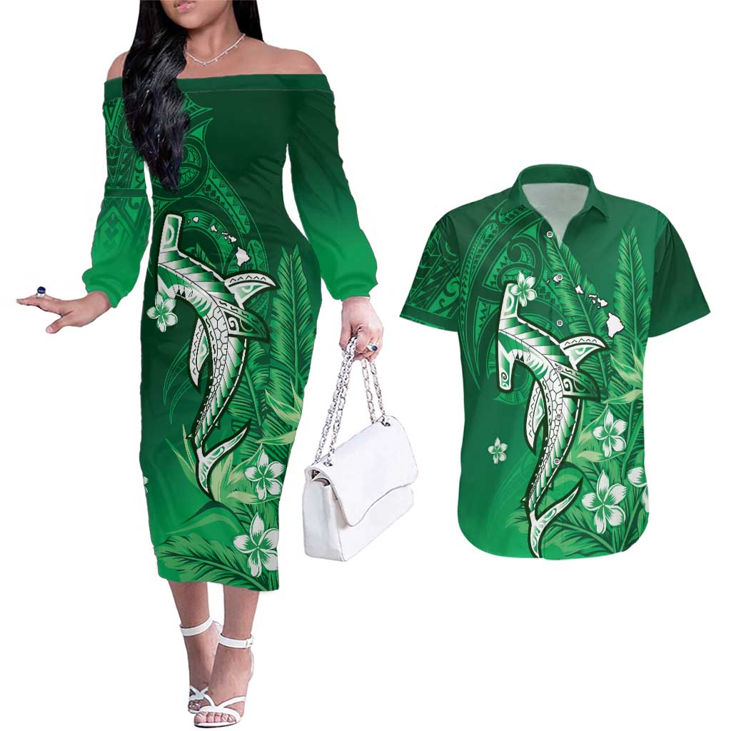 Personalized Hawaiian Maori Hammerhead Shark Couples Matching Off The Shoulder Long Sleeve Dress and Hawaiian Shirt Omaomao Plumeria - Polynesian Pride