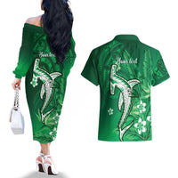 Personalized Hawaiian Maori Hammerhead Shark Couples Matching Off The Shoulder Long Sleeve Dress and Hawaiian Shirt Omaomao Plumeria - Polynesian Pride