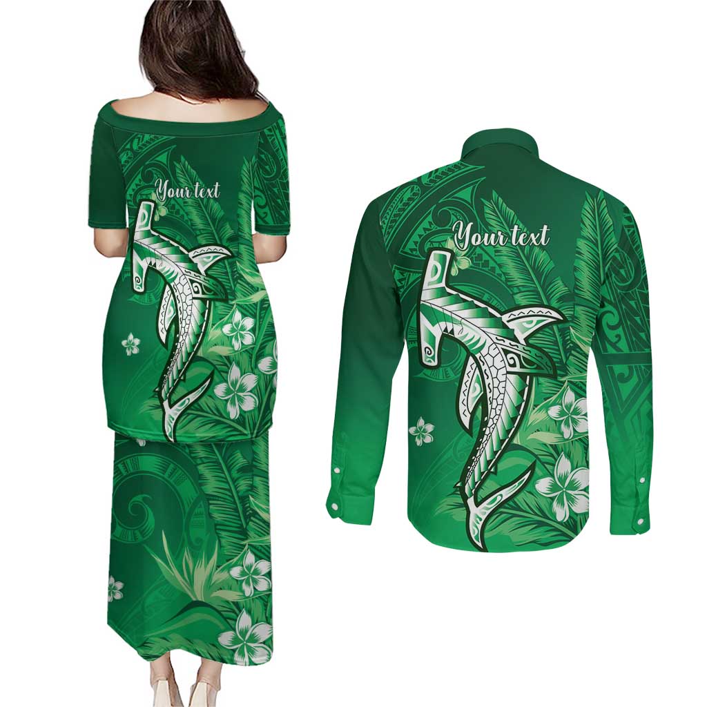 Personalized Hawaiian Maori Hammerhead Shark Couples Matching Puletasi and Long Sleeve Button Shirt Omaomao Plumeria - Polynesian Pride