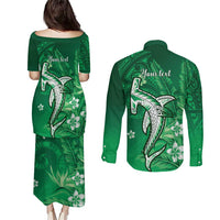Personalized Hawaiian Maori Hammerhead Shark Couples Matching Puletasi and Long Sleeve Button Shirt Omaomao Plumeria - Polynesian Pride