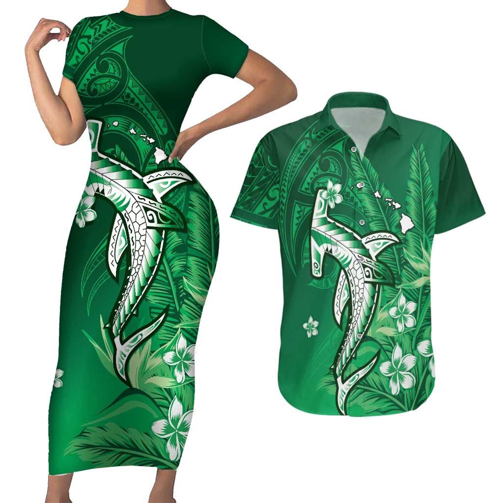 Personalized Hawaiian Maori Hammerhead Shark Couples Matching Short Sleeve Bodycon Dress and Hawaiian Shirt Omaomao Plumeria - Polynesian Pride
