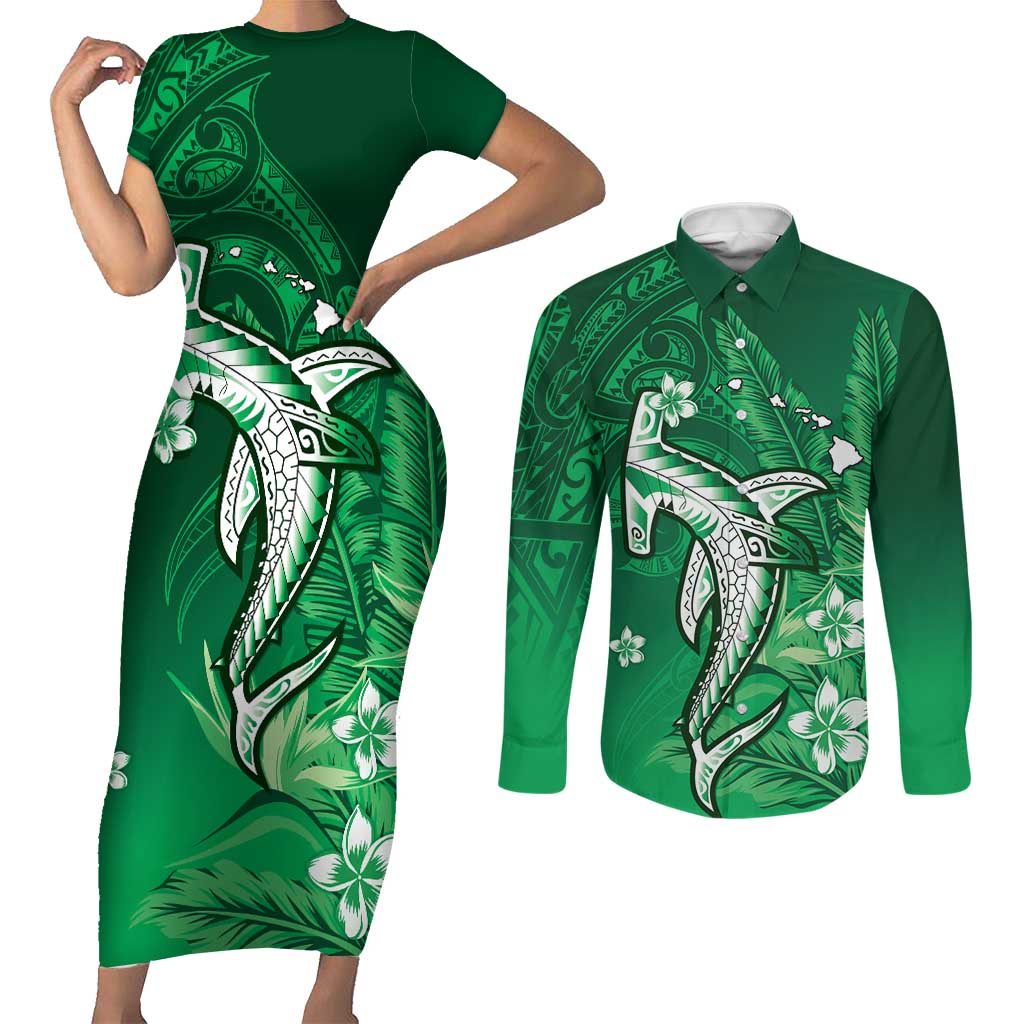 Personalized Hawaiian Maori Hammerhead Shark Couples Matching Short Sleeve Bodycon Dress and Long Sleeve Button Shirt Omaomao Plumeria - Polynesian Pride