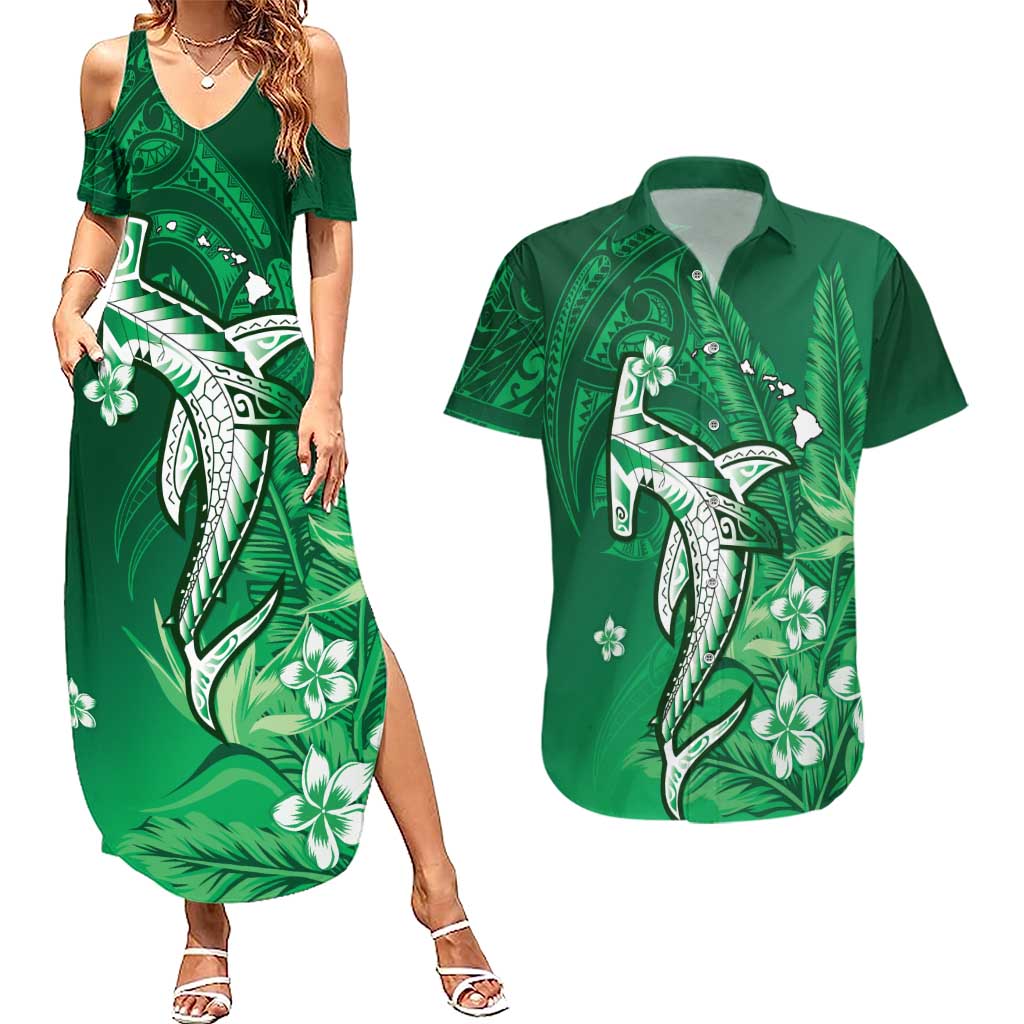Personalized Hawaiian Maori Hammerhead Shark Couples Matching Summer Maxi Dress and Hawaiian Shirt Omaomao Plumeria - Polynesian Pride