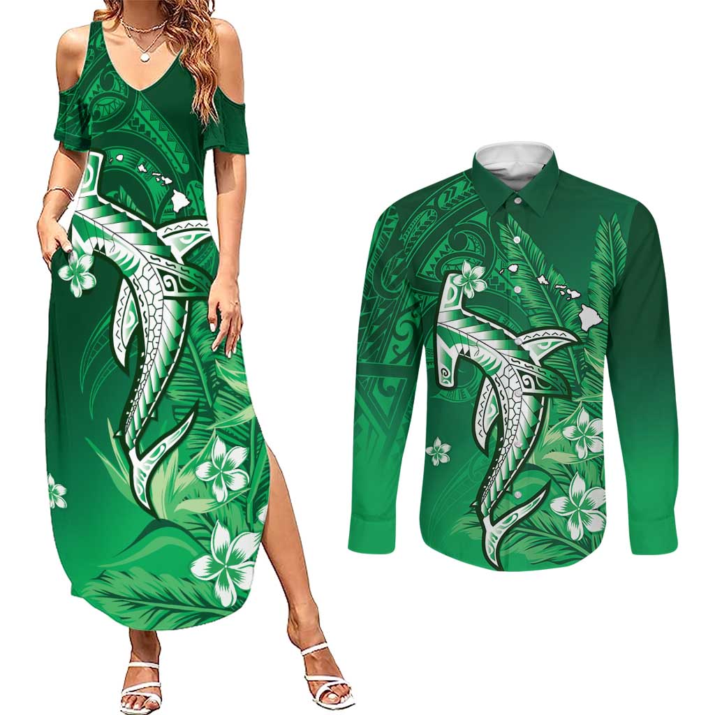 Personalized Hawaiian Maori Hammerhead Shark Couples Matching Summer Maxi Dress and Long Sleeve Button Shirt Omaomao Plumeria - Polynesian Pride