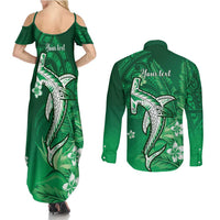 Personalized Hawaiian Maori Hammerhead Shark Couples Matching Summer Maxi Dress and Long Sleeve Button Shirt Omaomao Plumeria - Polynesian Pride