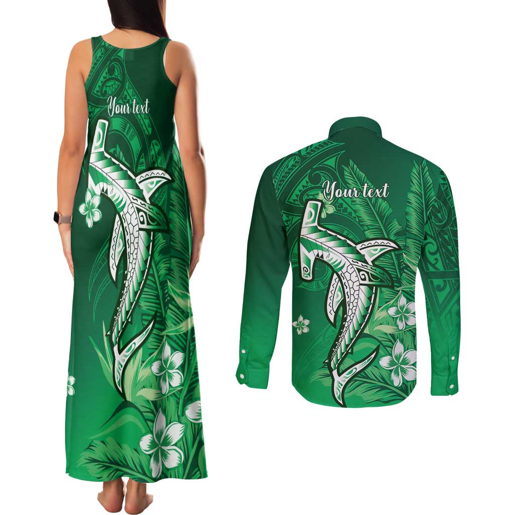 Personalized Hawaiian Maori Hammerhead Shark Couples Matching Tank Maxi Dress and Long Sleeve Button Shirt Omaomao Plumeria - Polynesian Pride