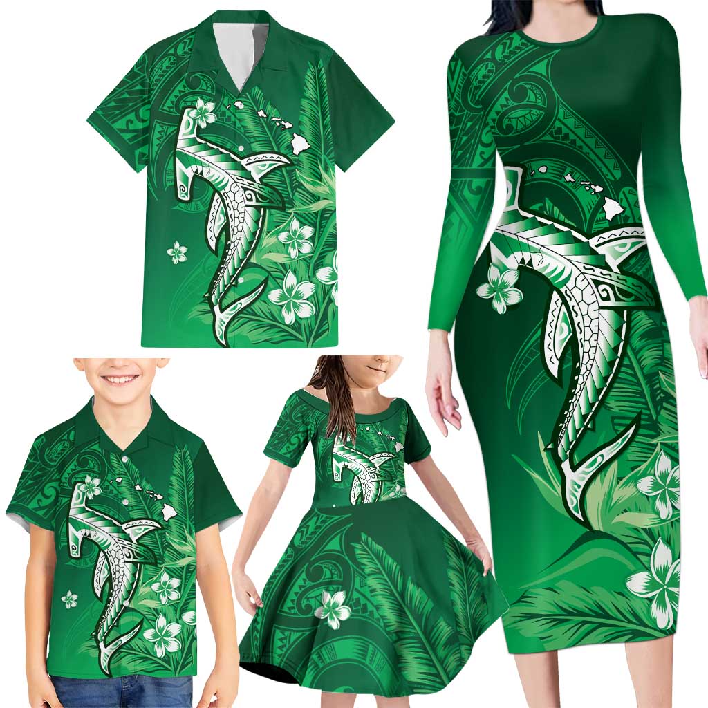 Personalized Hawaiian Maori Hammerhead Shark Family Matching Long Sleeve Bodycon Dress and Hawaiian Shirt Omaomao Plumeria