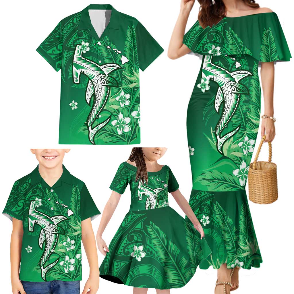 Personalized Hawaiian Maori Hammerhead Shark Family Matching Mermaid Dress and Hawaiian Shirt Omaomao Plumeria