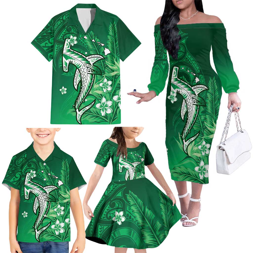 Personalized Hawaiian Maori Hammerhead Shark Family Matching Off The Shoulder Long Sleeve Dress and Hawaiian Shirt Omaomao Plumeria