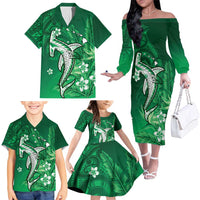 Personalized Hawaiian Maori Hammerhead Shark Family Matching Off The Shoulder Long Sleeve Dress and Hawaiian Shirt Omaomao Plumeria