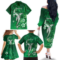 Personalized Hawaiian Maori Hammerhead Shark Family Matching Off The Shoulder Long Sleeve Dress and Hawaiian Shirt Omaomao Plumeria