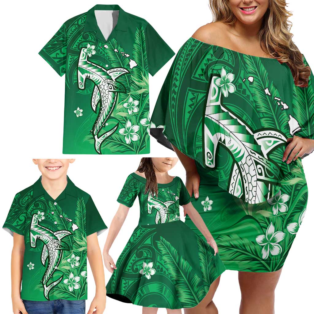 Personalized Hawaiian Maori Hammerhead Shark Family Matching Off Shoulder Short Dress and Hawaiian Shirt Omaomao Plumeria
