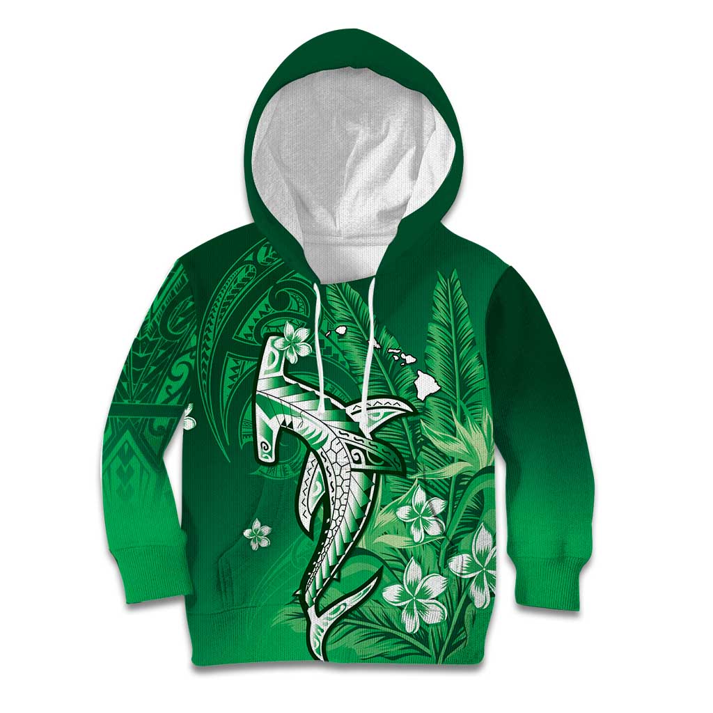 Personalized Hawaiian Maori Hammerhead Shark Kid Hoodie Omaomao Plumeria LT9 Hoodie Green - Polynesian Pride