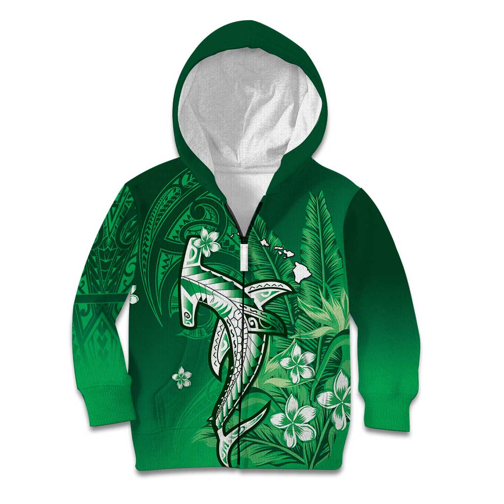 Personalized Hawaiian Maori Hammerhead Shark Kid Hoodie Omaomao Plumeria LT9 Zip Hoodie Green - Polynesian Pride